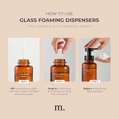 MaisoNovo Glass Foaming Soap Dispenser 14 Oz | Glass Bottles Pumps x 2 Amber - color: Amber Bottles/Black Plastic Pumps/No Tray