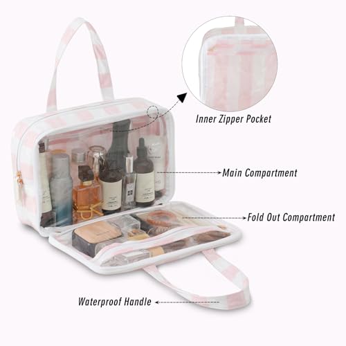 Travel Toiletry Bag for Women, Waterproof Clear Coated Portable Stripe Makeup Cosmetic Bag with Compartment, Travel Organizer for Shampoo, Conditioner, Brushes Set,Cosmetic Accessories(White-Pink) - color: Pink-White