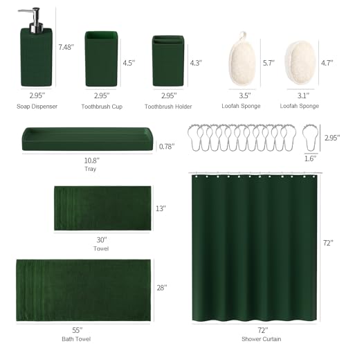 Resin Green Bathroom Set, Dark Green Bathroom Accessories Set with Shower Curtain, Bath Towel Sets, Natural Loofah Sponge, Soap Dispenser, Toothbrush Holder, Bathroom Tumbler and Tray for Bathroom - size: Bath Set+Shower Curtain+Towel Set+2PCS Loofah, sty