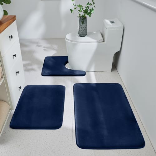 HUXMEYSON Bathroom Rugs Sets 3 Piece, Ultra Soft Velvet Memory Foam Bath Rugs, Non-Slip & PVC Backing Bathroom Mat Set, Washable Quick Dry Bath Rug - Navy - color: Navy, size: 17"x24"+20"x32"+U Shape 20"x24"