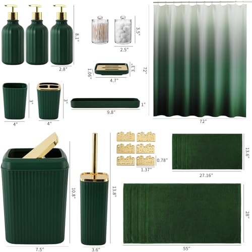 32PCS Bathroom Accessories Set Bathroom Set,Hunter Green Shower Curtain Set,Bath Towel Set,Hand Towel,Toilet Brush,Trash Can & 3PCS Soap Dispenser - size: Bath Set + Shower Curtain + Towel Set, style: Dark Green