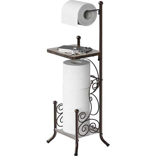 Simple Houseware English Style Bathroom Toilet Tissue Roll Holder Stand with Shelf, Bronze - color: Bronze, size: Wood Shelf - 29.2''H