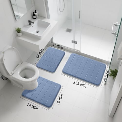 Yimobra Memory Foam Bath Mat Set 3 Pieces- Super Soft Absorbent Quick Dry Bathroom Rug Sets, Machine Washable Non Slip Floor Carpet for Tub Shower, Vanity & Toilet Base, Denim Blue - color: Denim Blue, size: 31.5''x20'' +17''x24'' + 24''x20''