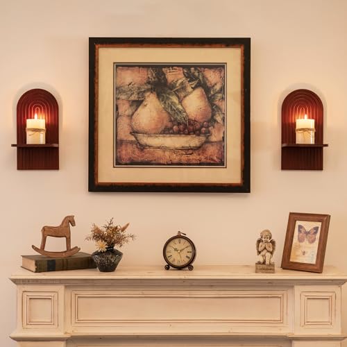 Mid Century Modern Candle Sconces: Set of 2 Walnut Boho Wall Candle Holder Decor for Living Room Fireplace - Arch Candle Shelf for Plants Pillar Candles - color: Walnut Color