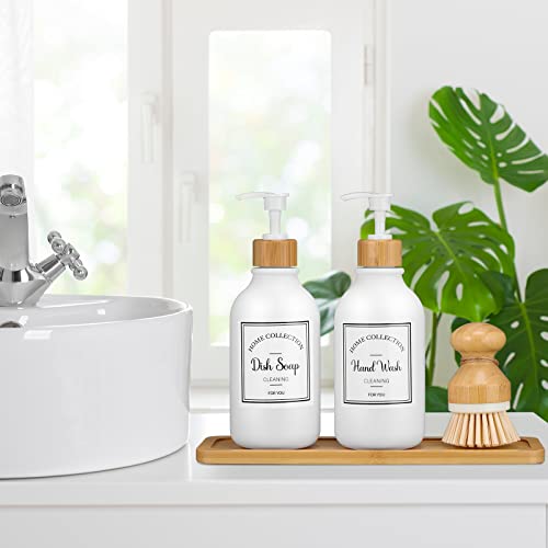 Zopeal 4 Pcs 16 oz Kitchen Soap Dispenser Set with Bamboo Tray and Dish Brush Plastic Soap Dispenser Set with Waterproof Labels for Hand Dish Lotion(Frosted White) - color: Frosted White