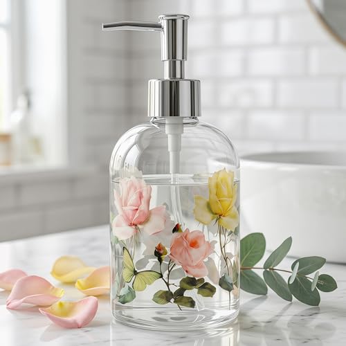 Topadorn 17oz Glass Soap Dispenser with Pump, Refillable Hand & Dish Soap Dispenser, Decorative Floral Bathroom Soap Dispenser for Kitchen, Lotion & Hand Soap - color: Pink