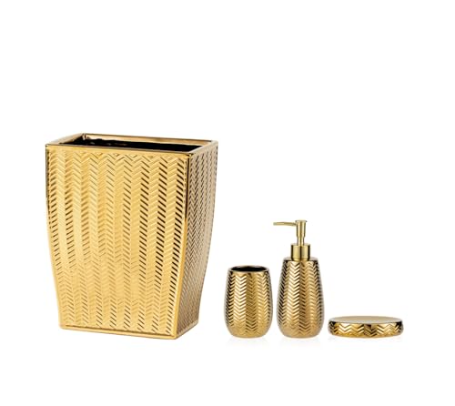 Gold Bathroom Accessories 4pcs Stylish Bathroom Accessories Set Gold Soap Dispenser Pump, Tumbler, Soap Dish and Trash Can Modern Decor Wavy Design Ceramic Bathroom Accessory Set