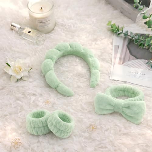 Headband for Washing Face and Wristband Set, Green | Soft absorbent fabric, snug head-hugging fit for face washing, skincare, makeup, masks, travel, women and teen girls - color: Green