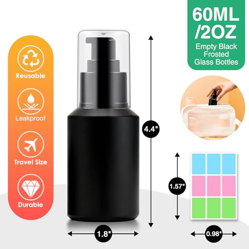 3PCS 60ML/2OZ Empty Black Frosted Glass Bottles with Pump Refillable Vial Cosmetic Dispenser Jars Storage Travel Lotion Container Portable Sample Bottle for Toiletries,Foundation,Cream,Gel,Lotion - color: Black, size: 2 OZ