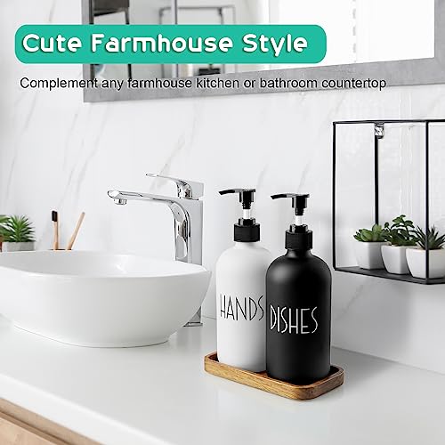 ALELION Glass Dish Soap Dispenser for Kitchen - 16 OZ Hand Soap Dispenser Set with Pump and Acacia Wood Tray - Black White Modern Farmhouse Kitchen Bathroom Decor and Accessories - color: Black and White