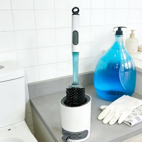 Silicone Toilet Brush and Holder Set with Cleaner Dispenser, Grey | Dispenser handle, silicone bristles, ventilated holder; for RV, apartment, and bathroom use