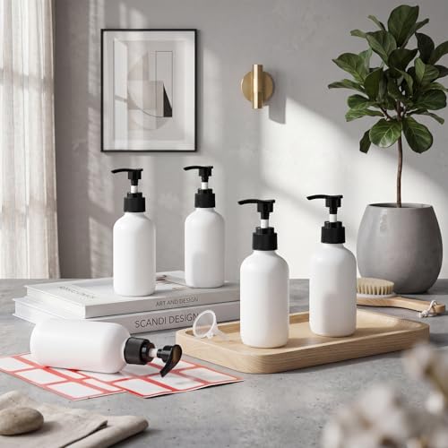 Tanlade 12 Pcs Glass Pump Bottle Dispenser 4 oz Travel Bottles with Pump Refillable Glass Containers for Toiletries Lotion Liquid Soap Shampoo Essential Oils Cosmetic Travel Accessories (White Black) - color: White Black