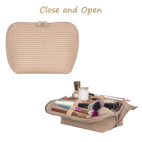 Travel Makeup Bag for Women, Waterproof Stand Up Cosmetic Bag with Brush Holders, Organizer Bag with Compartments, Fold-Down Design for Skincare, Toiletries & Essentials (Camel, Medium) - color: Camel, size: Medium