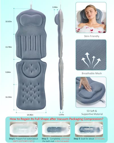 Full Body Bath Pillow for Bathtub, 5D Thick Tub Pillow for Bathtub with 192 Non-Slip Suction Cups, Laundry Bag & Hook, Bathtub Pillow for Head, Neck & Back Support (Misty Blue, 51"*15") - color: Misty Blue