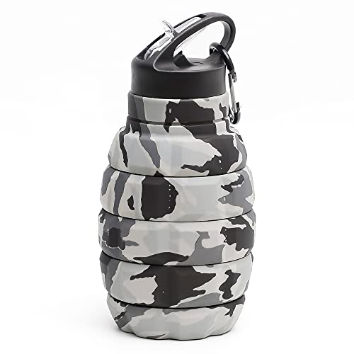 QiCheng&LYS Collapsible Water Bottle – Reuseable BPA Free Silicone Travel Water Bottle Collapsible Very Suitable for Sport Hiking, Camping and Outdoortravel -19.5oz/580ML（Camouflage light grey） - color: Camouflage