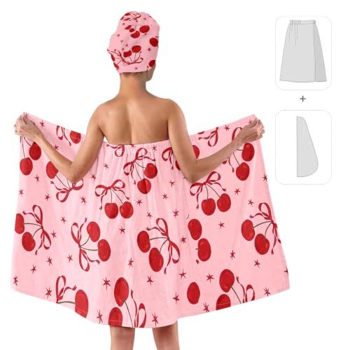 Women’s Pink Cherry Spa Wrap & Hair Towel Set - Soft Microfiber Body Wrap with 3-Snap Closure, Absorbent Quick Dry Hair Turban, Cute Coquette Bow Aesthetic Bathrobe (Cherry 12, Medium) - color: Cherry 12