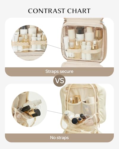 EACHY Toiletry Bag with Hanging Hook, Travel Makeup Bag PU Leather Cosmetic Bags for Women Make Up Organizer with 4 Compartments Waterproof Full-Size Portable Travel Essentials (Trench，Pro) - color: B-Pro-Trench