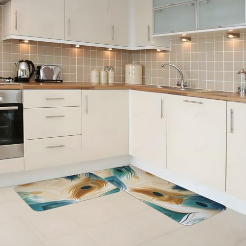 Peacock Blue Feather Pattern Kitchen Rugs Mats Set of 2 Pcs Non-Slip Floor Mats Washable Runner Rugs Set for Bathroom Laundry Hallway Kichen Comfort Standing Mat - color: Peacock Blue Feather Pattern