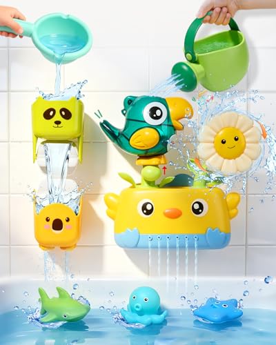Bath Toys Toddlers 2-4, Mold Free Toddler Bath Toys for Kids Ages 1-3, Baby Bathtub Water Toys with Strong Suction Cups Waterfall Shower Toy with Bath Cups & Watering Can for 18+ Months Boy Girl Gifts - style: Bath Toys with Cups