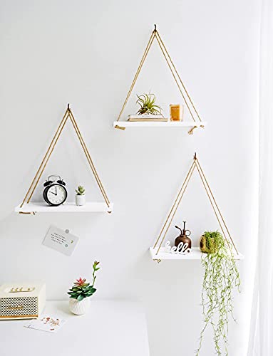 Mkono Wood Hanging Shelves for Wall Boho Decor Swing Rope Rustic Floating Shelf, Set of 3 Wall Display Shelving Home Organizer Rack for Living Room Bedroom Bathroom Kitchen,White - color: Ivory