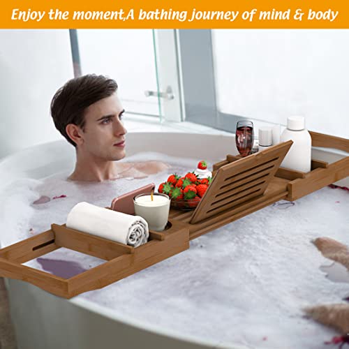 Bamboo Bathtub Tray for Luxury Bathroom, Expandable Premium Bath Tray with Soap Towel Book Holder, Luxury Spa Wooden Bath Table for Reading Laptop Over The Clawfoot Walnut - color: Walnut