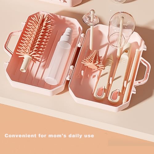 PandaEar Portable Bottle Brush Set with Case, Baby Travel Essential-6 in 1 Bottle Cleaning Tool, Bottle Cleaner Kit with Silicone Brush, Nipple Brush, Straw Brush, Bottle Dispenser, Pink