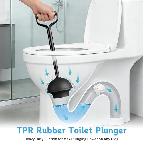 Sellemer Toilet Brush and Plunger Set, Curved Head for Deep Cleaning, Black | Brush and Plunger set, Curved Nylon Bristles for Deep Clean, Strong Suction Plunger, Ventilated Holder for Quickly Air Dry - color: Black