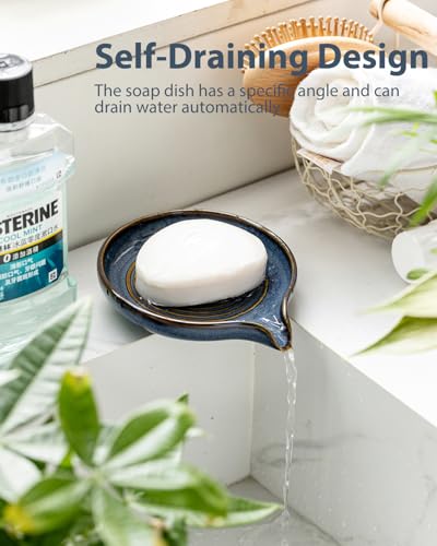 Soap Dishes, Ceramic Shower Soap Dish with Waterfall Design Bar Soap Holder Self Draining Soap Saver for Shower, Bathroom, Sink, Kitchen and Countertop, Blue - color: Blue, size: Round