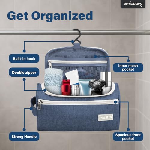 Pantheon Men's Toiletry Bag - Travel Toiletry Bag Wash Bag Hanging Dopp Kit Shaving Kit for Bathroom Shower - Mens Travel Bag Hanging Toiletry Organizer Toiletry Kit for Traveling (Blue) | Hangs on a built-in hook; water-resistant Oxford cloth, mesh + zip