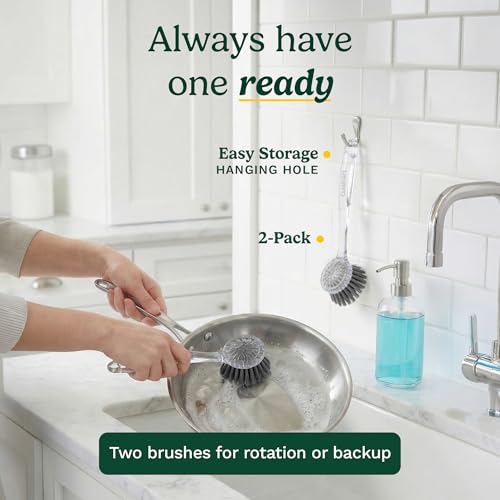 Cuisinart Dish Brush with Handle, 2 Pack, Firm Bristles | Multi-purpose dish scrubber for plates, pots, and pans, deep cleaning removes grease, safe for nonstick, round head - color: Round- Dark Gray
