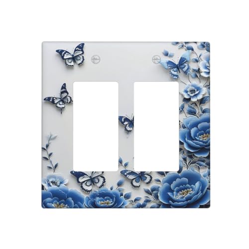 Light Switch Cover Plate Blue Peony Flowers Butterfly Vintage Floral 2 Gang Double Rocker Outlet Covers Decorative Switch plates Electrical Wall Plates GFCI for Bathroom Bedroom Decor - color: Blue Peony Flowers Butterfly Vintage Floral, size: 2 Gang Doub