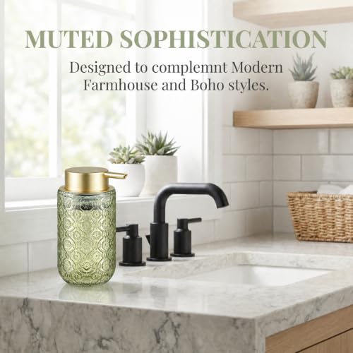 Green and Gold Glass Foaming Hand Soap Dispenser | Matte Gold Pump Embossed Glass Bottle Refillable Bathroom Kitchen Decor 13.5 oz - color: Green and Gold