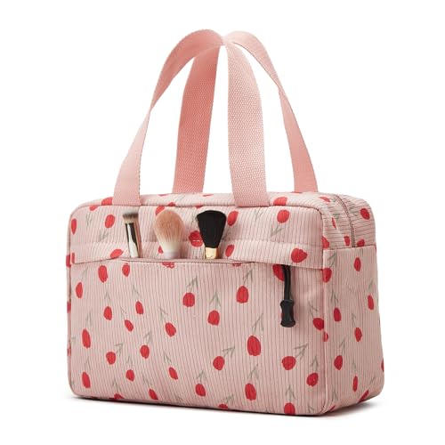 Large Makeup Bag for Women Corduroy Cosmetic bag Make up Bags Zipper Pouch with handle Cosmetic Organizer Toiletry Bag for Travel Storage - color: 29-Tulip Pink
