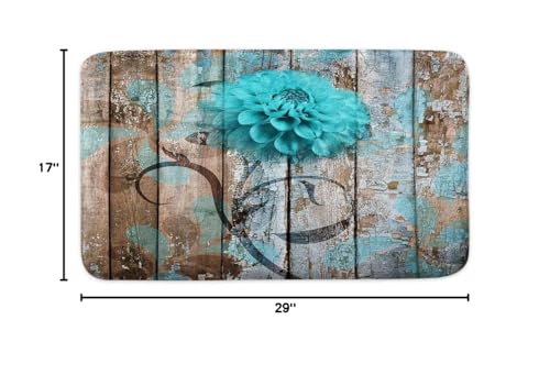 JAWO Farmhouse Floral Flower Bath Mat, Teal Dahlia on Rustic Wooden Plank Country Barn Wood Turquoise Blue Bath Mat Sets, U-Shaped for Bathroom Rugs, Toilet Mats, Non-Slip Shower Mat - color: Green, size: 1'3" x 1'6" (U-Shaped)