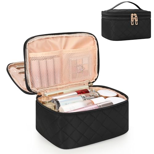 Relavel Travel Makeup Bag, Large Cosmetic Bag with Separate Makeup Brush Compartment, Cute Make Up Pouch for Women, Double Layer Toiletry Organizer Bag for Travel - Black - color: 01-Black, size: X LARGE