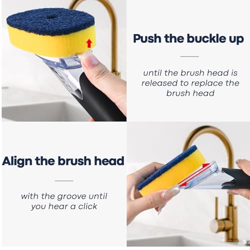 Dish Brush with Soap Dispenser Storage Set with 2 PCS Sponge Refills & Holder, Soap Dispensing Dish Brushes, Sponge with Soap Dispenser Handle, Dish Sponges with Handle for Dishes Pans Pots Sink - color: Black