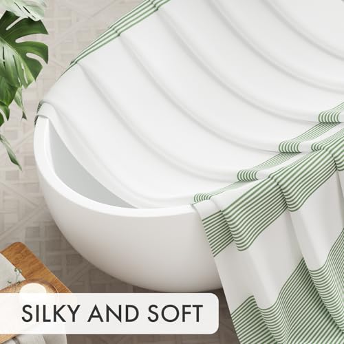 AmazerBath Shower Curtain, Washable Cloth Sage Green with 12 Shower Curtain Hooks, Fabric Green and White Striped Set, Farmhouse Bathroom Shower Curtain, 72x72 Inches - color: A- Sage Green Stripe +12 Metal Hooks, size: 72"W x 72"L (Pack of 1)