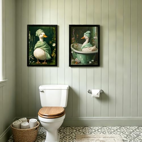 RUMSICH 2pcs Set Of Black Framed Duck Wall Art Canvas Paintings Cute Farmhouse-Style Bathroom Wall Decor Retro Green Spa Animal Artwork Suitable For Bathrooms Bedrooms And Laundry Rooms 12x16 Inch - color: Black-framed Duck, size: 16"L x 12"W