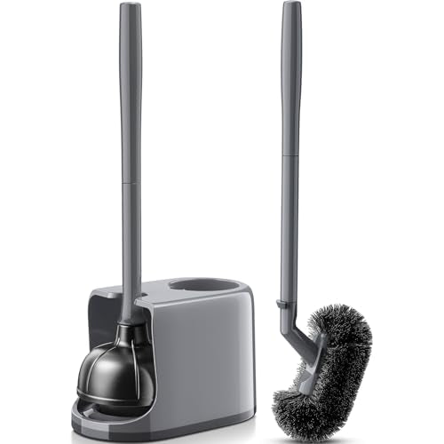 HAMITOR Toilet Plunger and Brush Set for Bathroom Cleaning with Extented Handle - Heavy Duty Toilet Plunger Combo Accessories with Caddy Stand Holder for Small Space - Gray - color: C-gray, size: 1 pack