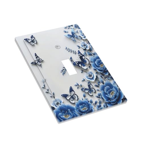 Light Switch Cover Plate Blue Peony Flowers Butterfly Vintage Floral 1 Gang Single Toggle Decorative Switch Plates Wall Plates Electrical Faceplate for Bathroom Bedroom Decor - color: Blue Peony Flowers Butterfly Vintage Floral, size: 1 Gang Single Toggle