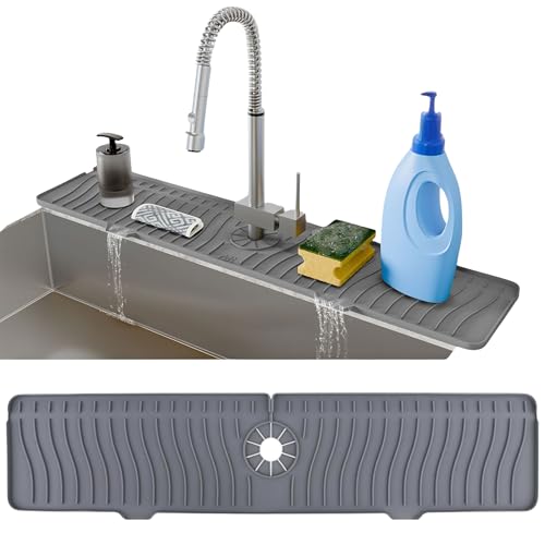 24 Inch Longer Faucet Mat for Kitchen Sink, Silicone Sink Faucet Mat Splash Guard 5° Slope Premium Kitchen Sink Splash Faucet Guard, Fast Self-Draining Mat (Grey)