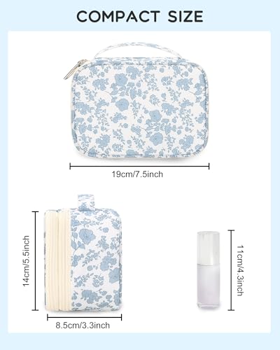 Relavel Travel Makeup Bag, Mini Floral Cosmetic Bag with 2 Makeup Brush Holders, Portable Makeup Pouch for Women, Cute Toiletry Bag with Double Layer Organizer, Blue Flower-Smaller - color: 01-Blue Flower, size: SMALL