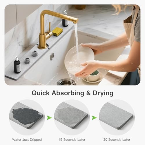 30" x 4" Stone Faucet Mat for Kitchen Sink, Quick Drying Diatomite Sink Tray, Faucet Sink Splash Guard for Prevents Moisture Buildup (Light Gray) - color: Light Gray, size: 30" x 4"