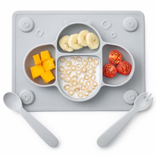 ROCCED Suction Plates for Baby Placemat Spoon Fork Set for Toddlers, Silicone Baby Plates with Suction Baby Dishes for Kids Plates-grey - color: Gray