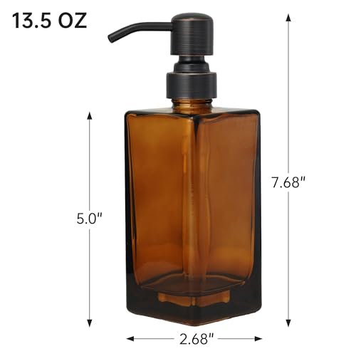 13.5 Oz Coffee Glass Soap Dispenser with Rust Proof Stainless Steel Pump, Antique Design Refillable Square Lotion Dispenser for Bathroom, Premium Kitchen Hand Soap (Oil Rubbed Bronze) - color: Coffee+oil Rubbed Bronze