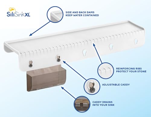 SiliProducts SiliSink XL Silicone Edge Guard for Kitchen Sink - Fits 3.75” - 4” Wide - The Original Silicone Sink Edge Protector with Sponge Caddy - Splash Guard, 20” White - color: White, size: 4in x 20in