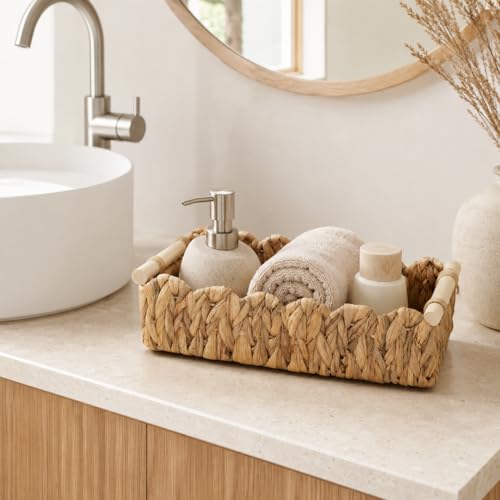 Scalloped Edge Toilet Paper Basket, Water Hyacinth Wicker Basket for Back of Toilet Tank, Long Narrow Bathroom Counter Organizer with Wooden Handles for Vanity, Shelf, Storage