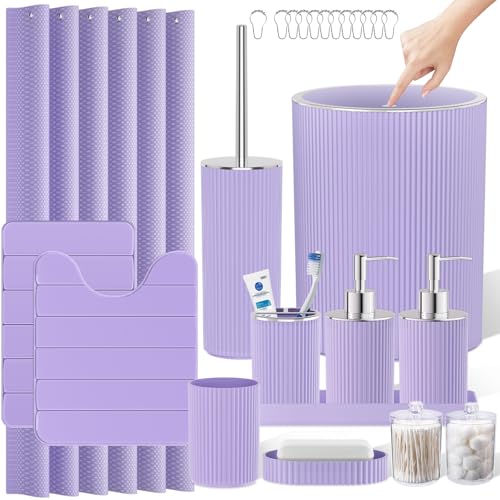 Purple Bathroom Accessories Set - Bathroom Sets, 25PC Bath Accessory Set, Bathroom Sets with Push Top Trash Can, Shower Curtain and Rugs, Toilet Brush, Trash Can & Soap Dispenser - color: Purple & Silver, size: 25-Piece Set (Accessories + Shower Curtain +