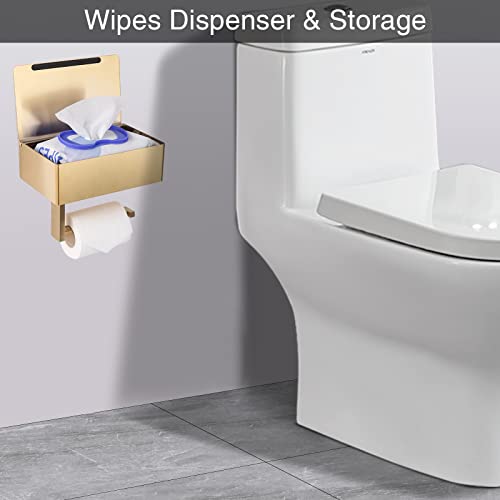 Adhesive Toilet Paper Holder with Shelf and Storage, Wall Mount Toilet Paper Roll Holder & Flushable Wipes Dispenser Set Fits Any Bathroom, Stainless Steel Tissue Holder-Square, Gold - color: Gold Square