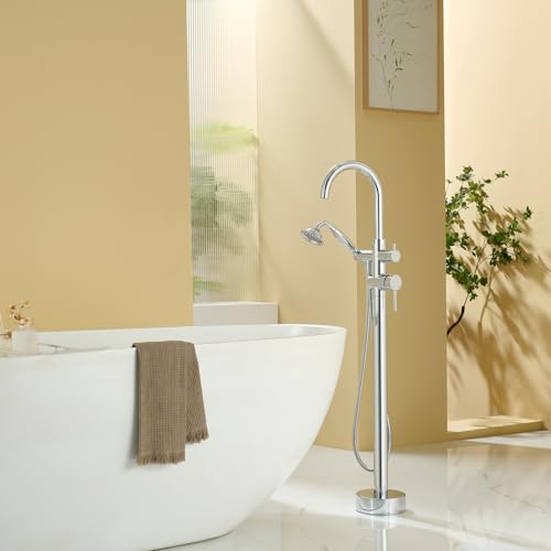 Wowkk Tub Filler Freestanding Bathtub Faucet Chrome Floor Mounted Brass Bathroom Tub Faucets with Hand Shower - color: Chrome